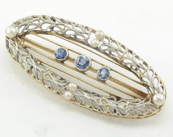 Art Deco Yogo Sapphire 14k Yellow Gold Brooch Seed Pearl Platinum Top