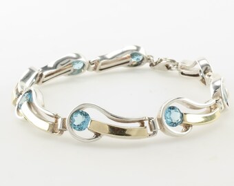 Modernist Sterling Silver Link Bracelet Blue Topaz 14K Gold