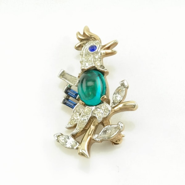 Crown Trifari, Missing Stones Sterling Silver Brooch Rooster Green Jelly Belly