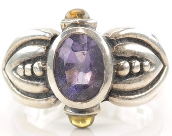 Vintage Designer Sterling Silver Ring Size 6 Purple Amethyst, Yellow Citrine