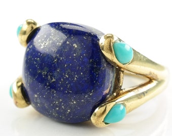 Vintage Sterling Silver Ring Lapis Lazuli Turquoise Gold Plated Blue Gold Size 6 3/4