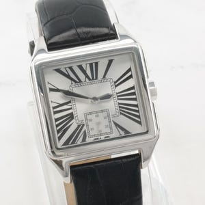 Pre Owned VincE Sterling Silver & Stainless Steel Swiss Parts Quartz Watch with Black Leather Band