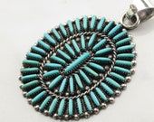 Vintage Zuni Turquoise Needlepoint Sterling Silver Pendant Blue Natural