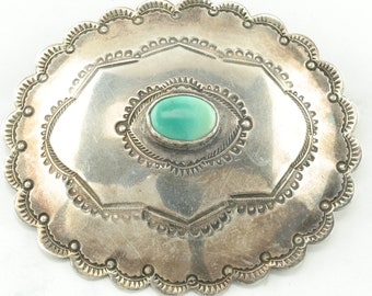 Southwestern Native American Sterling Silver Green Turquoise Concho Brooch