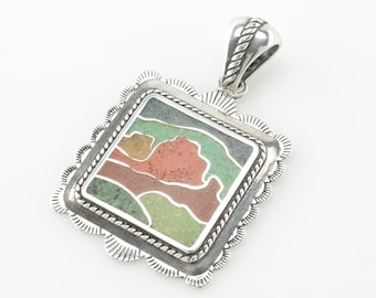 Vintage Multi Gem Inlay Square Scallop Sterling Silver Pendant