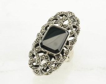 Vintage Art Deco Style Silver Ring Onyx, Marcasite Ornate Sterling  Size 6 1/4