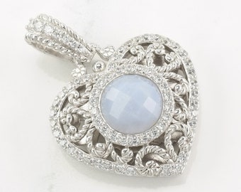 Vintage Blue Agate CZ Heart Sterling Silver Pendant Judith Ripka