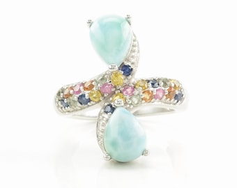 Vintage Sterling Silver Ring Larimar Sapphires Sky Blue Size 4 3/4