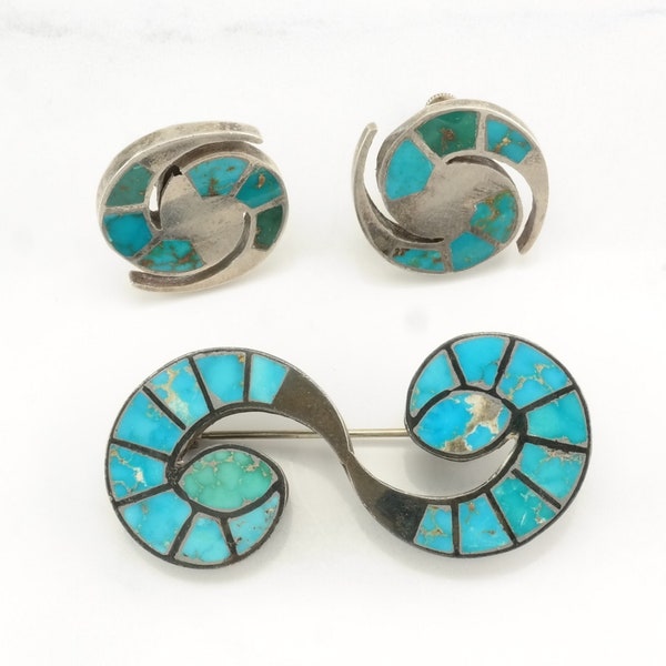 Historic, Early Zuni Inlay Sterling Silver Brooch Earrings Set , Hummingbird, Blue Turquoise