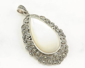 Vintage Mother of Pearl Marcasite Sterling Silver Pendant