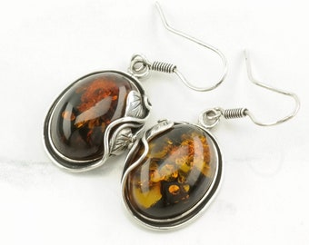 Sterling Silver Orange Amber Earrings Fish hook