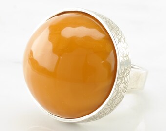 Vintage Modernist Silver Ring Orange Amber Sterling Silver Size 8