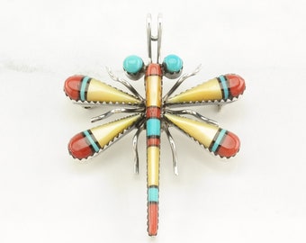 Vintage Zuni Sterling Silver Brooch Pendant Dragonfly Red, Blue Turquoise, Coral Inlay