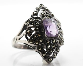 Vintage Sterling Silver Ring Amethyst Marcasite Size 10