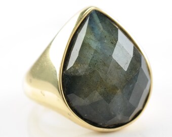 Vintage Sterling Silver Ring Labradorite Gold Plated Checkerboard Cut Blue Size 7