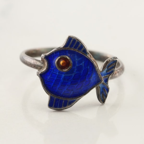 Minimalist Silver Ring Enamel Fish Sterling  Size 4 3/4