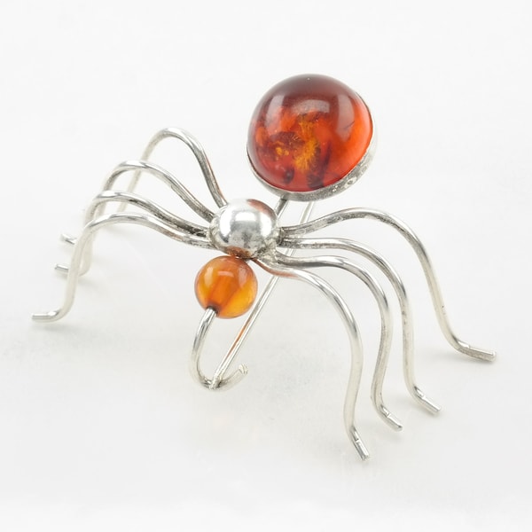 Spider Brooch Baltic Amber Sterling Silver