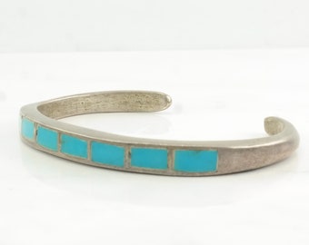 Native American Sterling Silver Cuff Bracelet Blue Turquoise Inlay