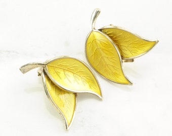 Danish Sterling Silver Yellow Enamel Leaf Earrings Clip On