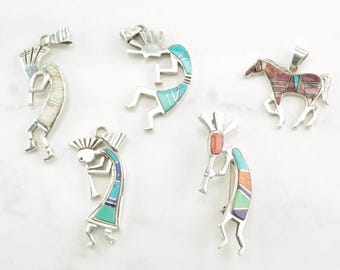 Choice of Vintage Turquoise, Opal, Shell Kokopelli, Horse Sterling Silver Pendants