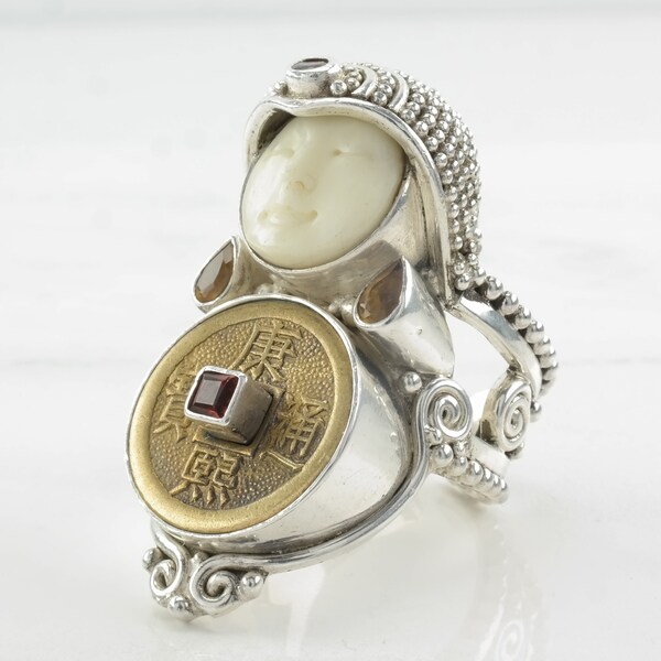 Bague Argent Sterling Visage Sculpté Vintage Sajen Goddess Face - Avec Grenat, Occasion