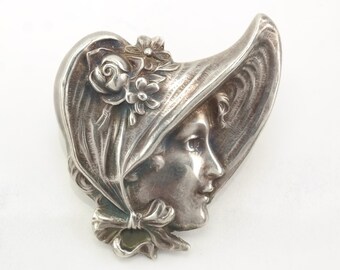 Vintage Silver UNGER BROTHERS Design Brooch Pin Art Nouveau Lady at ...