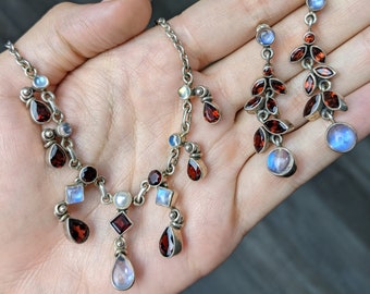 Sterling Silver Necklace and Earring Set with Garnet and Moonstone by Nicky Butler