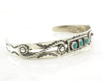 Fred Harvey Era Sterling Silver Cuff Bracelet Blue Block Turquoise Stamped