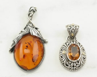 Vintage Baltic Amber, Citrine 18K Gold Accent Sterling Silver Pendant