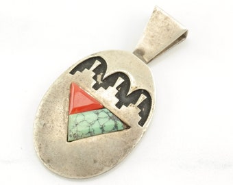 Vintage Navajo Turquoise, Coral Overlay Sterling Silver Pendant