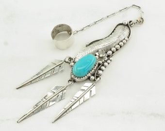 Native American Sterling Silver Turquoise Floral, Feather Earrings Ear Cuff