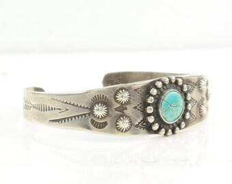 Fred Harvey Era Sterling Silver Cuff Bracelet Blue Turquoise Stamped Floral