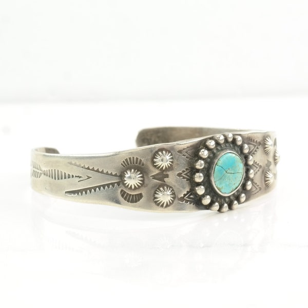 Fred Harvey Era Sterling Silver Cuff Bracelet Blue Turquoise Stamped Floral