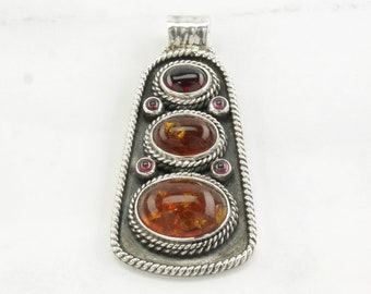 Vintage Amber Garnet Sterling Silver Pendant