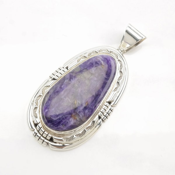 Vintage Navajo Charoite Large Sterling Silver Pendant