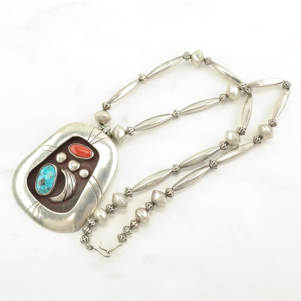 Vintage Native American Sterling Silver Blue, Red Coral, Turquoise Shadowbox Necklace