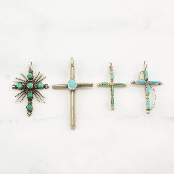 Vintage Native American Turquoise Cross Sterling Silver Pendant