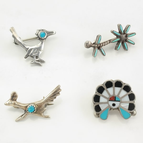 Choice of Native American Brooch Roadrunner, Flower, Zuni Sunface Multi Gem Sterling Silver