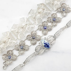 Choice of Vintage Sterling Silver Link Bracelet Filigree, Enamel, Porcelain