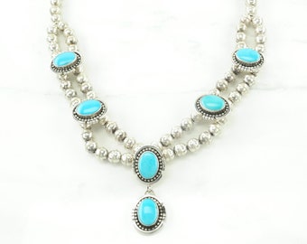 Vintage Ella Peter Navajo Sterling Silver Blue Turquoise Beaded Necklace