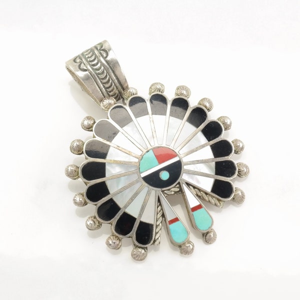 Vintage Native American MOP, Jet, Coral, Turquoise Inlay, Sunface Sterling Silver Pendant