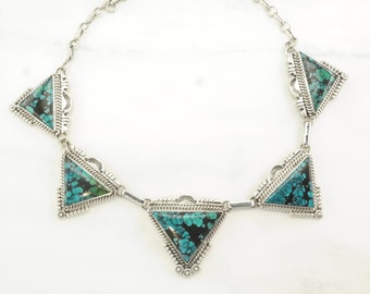 Vintage Native American Sterling Silver Blue Spiderweb, Turquoise Triangular Necklace
