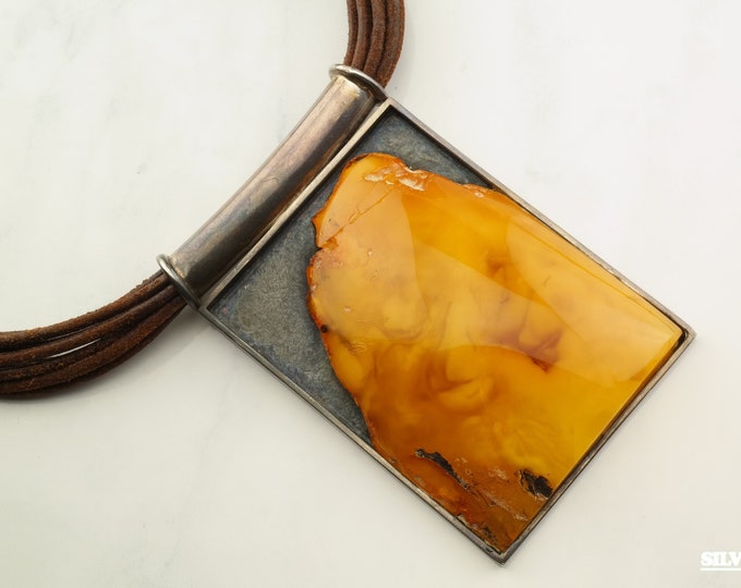 Featured listing image: Modernist Amber, Leather and Sterling Silver Necklace