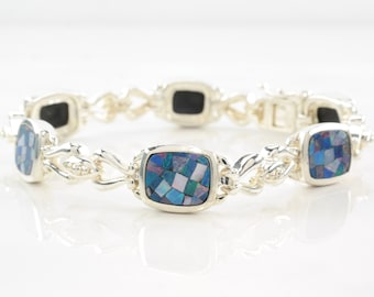 Southwest Sterling Silver Line Armband Opal Inlay