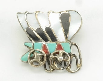 Vintage Zuni Sterling Silver Brooch Inlay, Wagon, Articulated Wheels MOP, Onyx, Turquoise