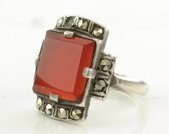 Vintage Art Deco Silver Ring Carnelian Marcasite Sterling Red Size 7 3/4