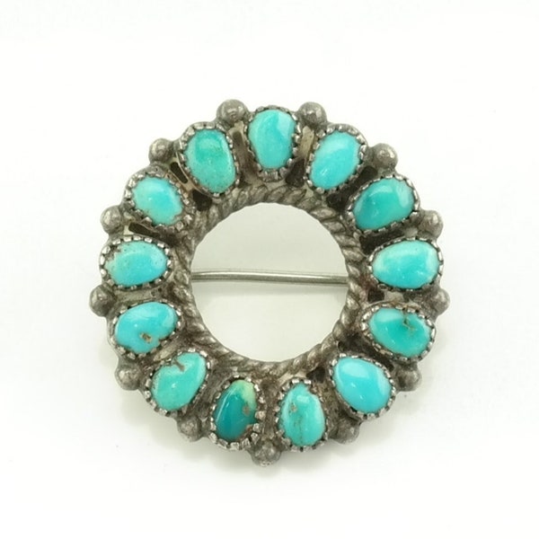 Zuni Sterling Silver Brooch Circle, Sun Blue Turquoise, Cluster