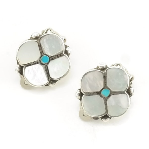 Native American Sterling Silver Iridescent, Blue MOP, Turquoise Floral Inlay Earrings Clip on