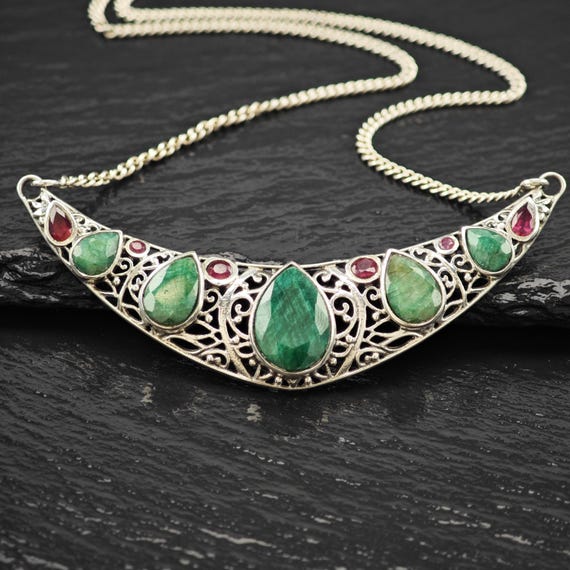 Sterling Silver Green, Red Emerald, Ruby Teardrop… - image 1
