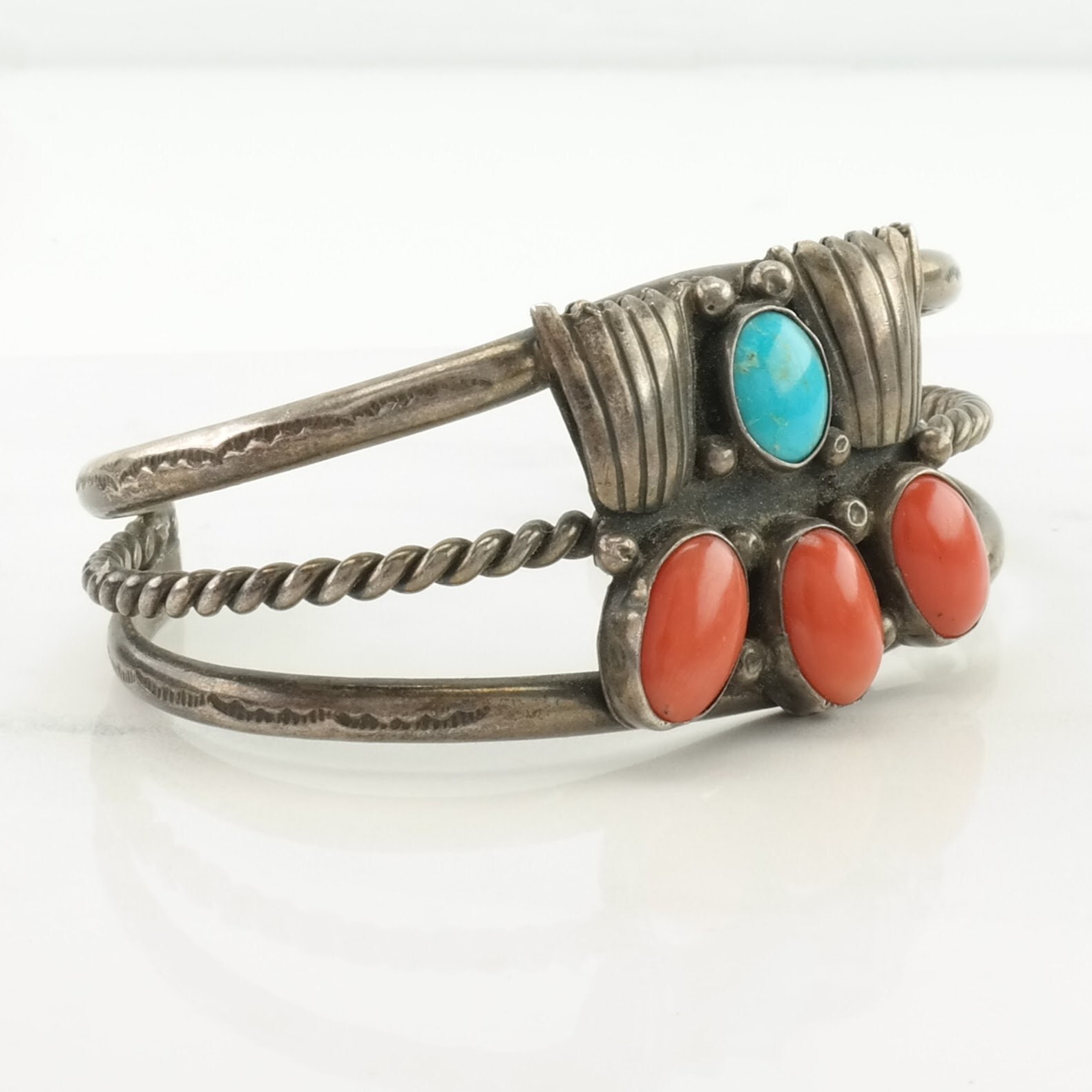Incredible Vintage Native American Navajo Turquoise Coral Sterling Silver Zig Zag Bracelet Incredible Vintage Native American Navajo Turquoise Coral Sterling Silver Zig Zag Bracelet
